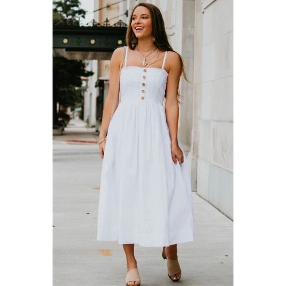 Free People Lilah Strapless Pleated Smocked Button Midi Dress White Size XS - Picture 4 of 16